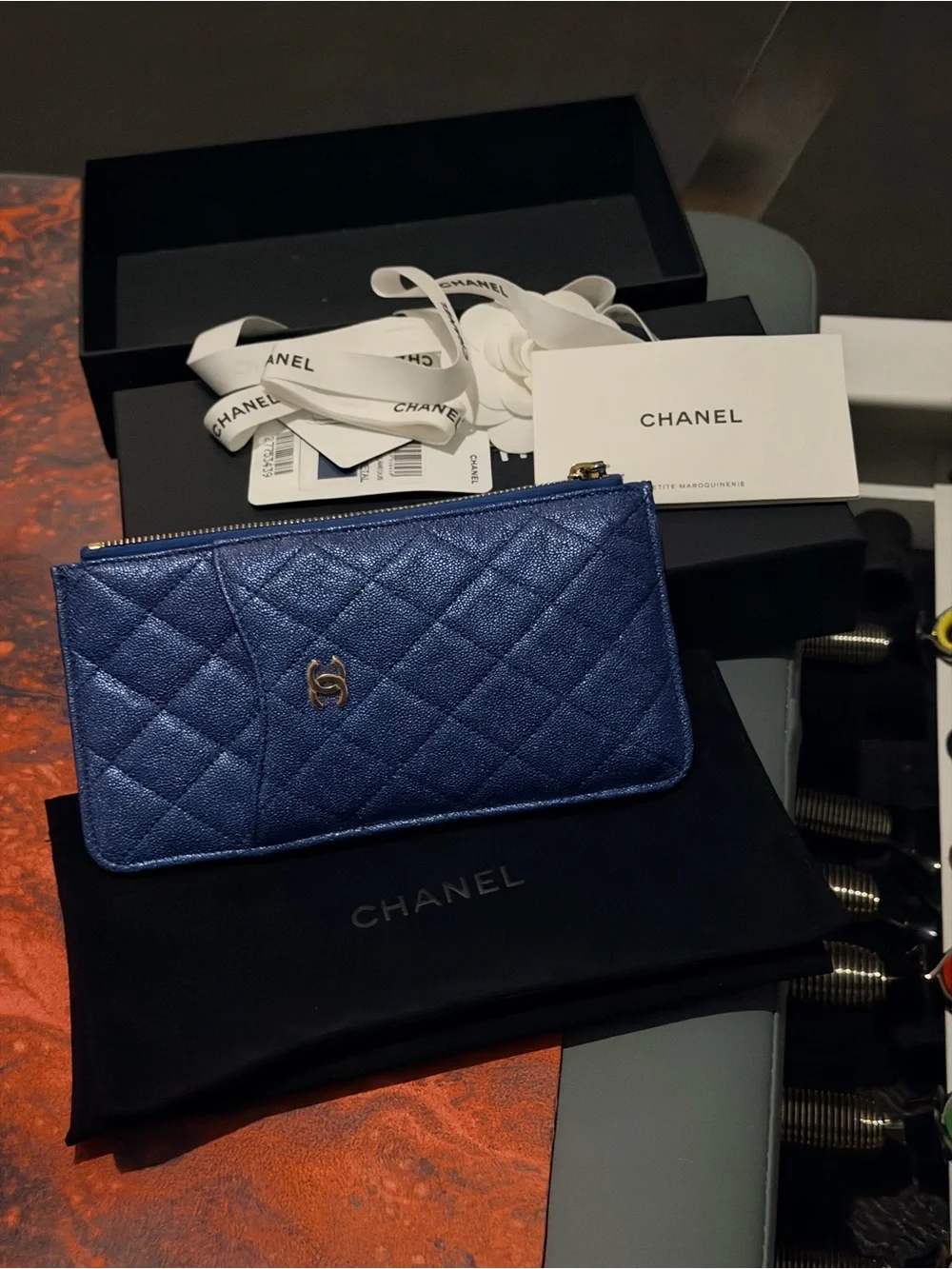 CHANEL Quilted Metallic Blue Zip Card Holder Wallet